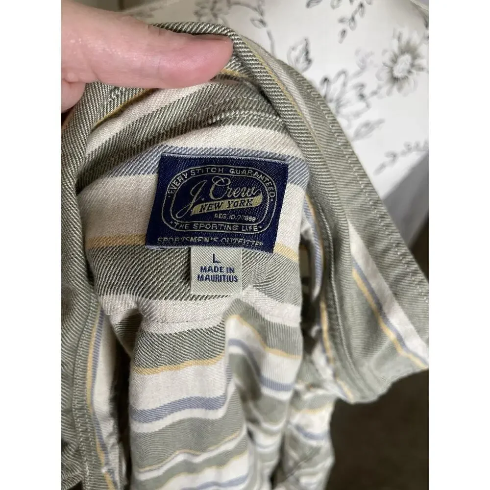 J.Crew New York Striped Shirt Green Cream Button Down Cotton Size Large